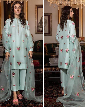 Silck Embroidred  3-piece  sky blue